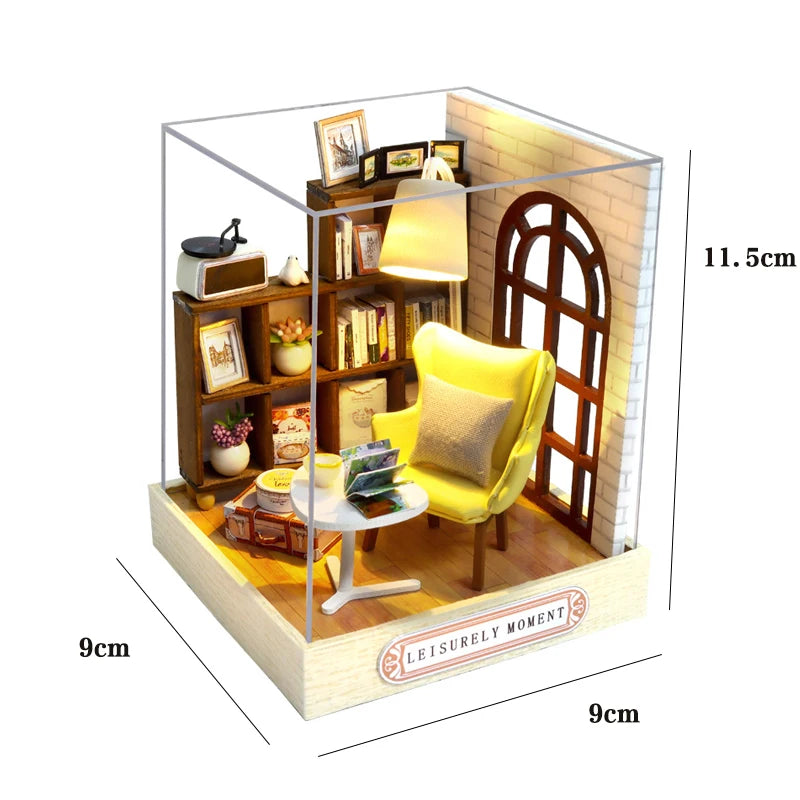 DIY Wooden Book Nook Kit with LED Light, Handmade Assembly Craft, Bookshelf Insert Desktop Ornament Home Decor Gift